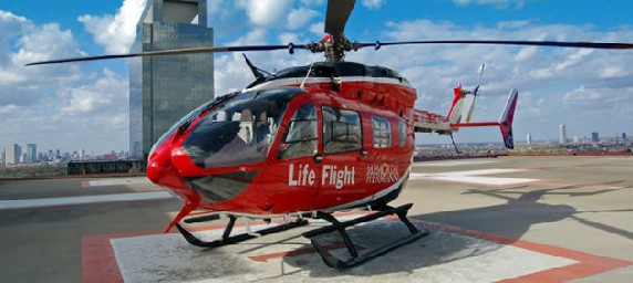 Memorial Hermann Life Flight helicopter sits on the helipad, ready for lift off